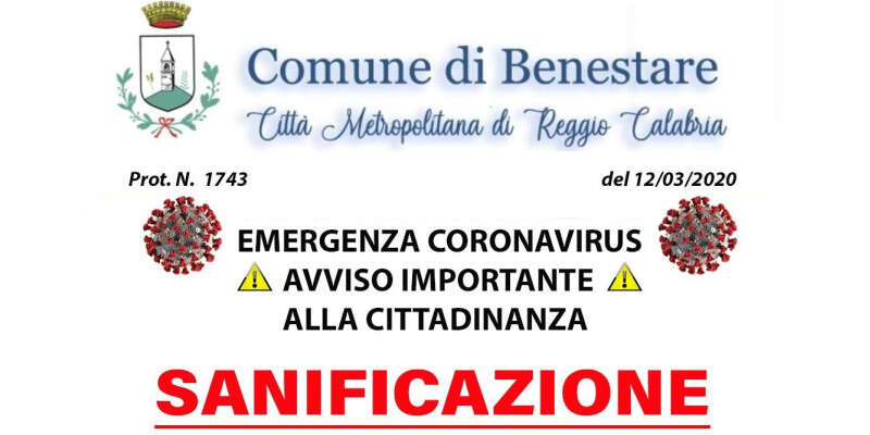 CORONAVIRUS: Benestare pronta per la sanificazione del territorio