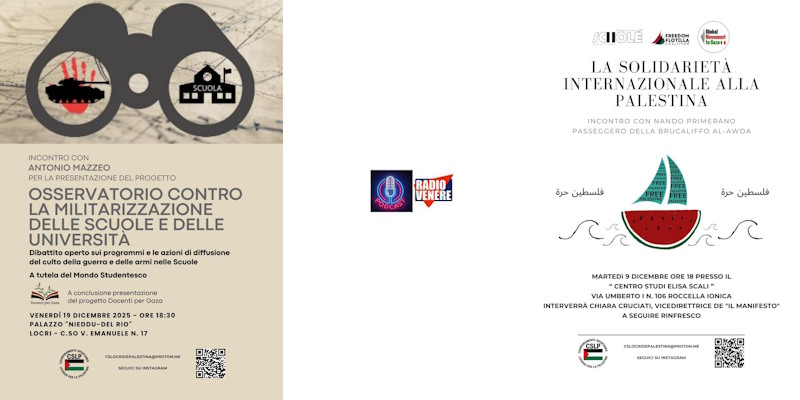 Le attività promosse dal  Coordinamento Spontaneo Locride per la Palestina in questo dicembre. Si inizia oggi. Riascolta le interviste di "A Metà Mattina"